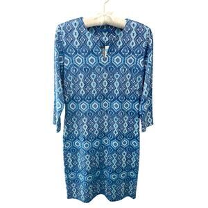 J.MCLAUGHLIN Carly Dress Blue Aqua Lantern Print 3/4 Sleeve Stretch NWT | Small